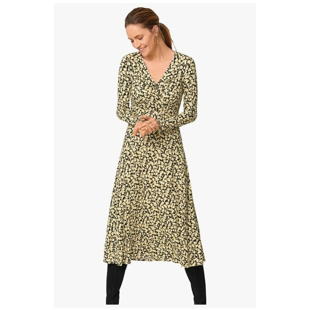 Ellos Floral Midi Dress Sz 1X Yellow Black Faux Wrap Long Sleeve Boho Office Y2K